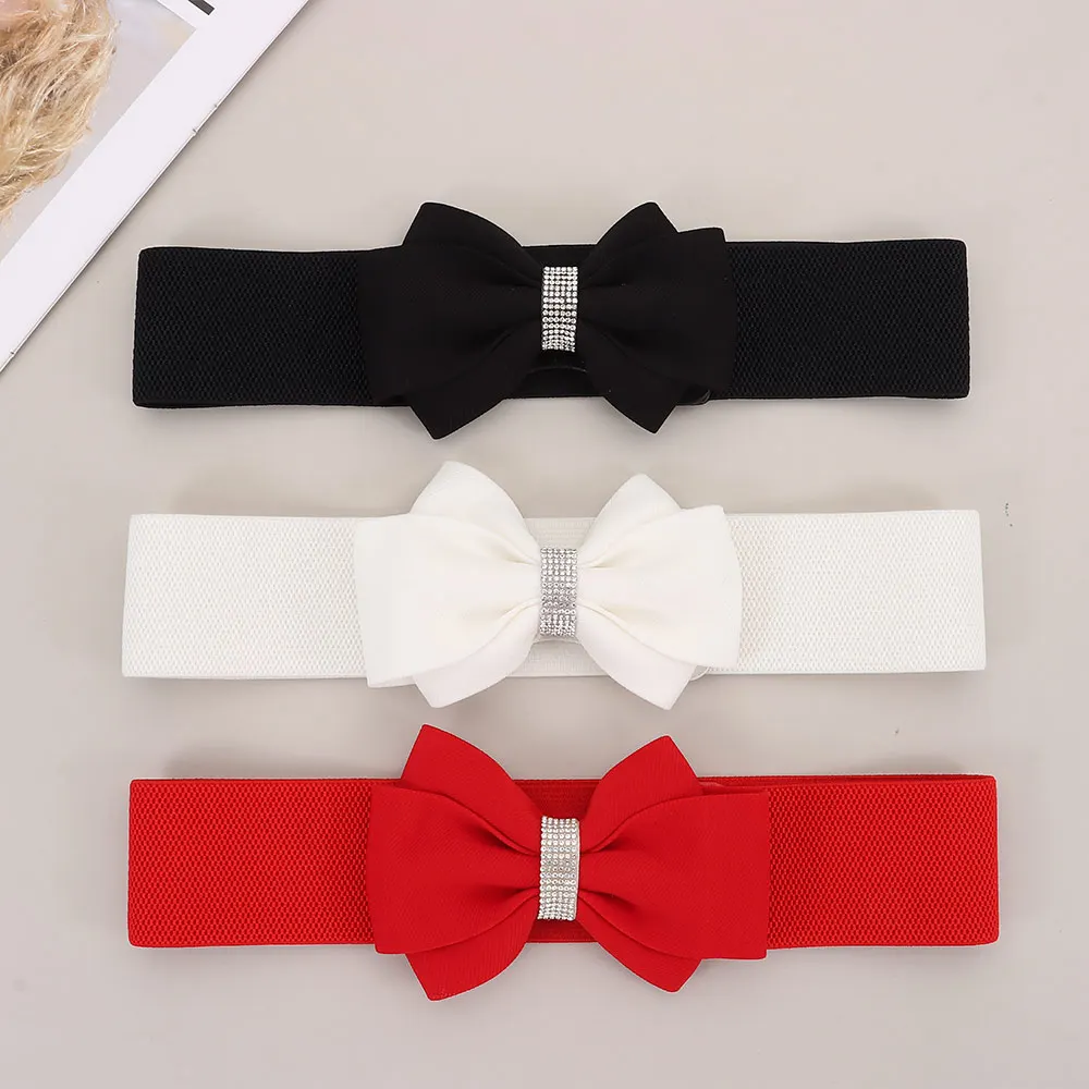 Adjustable Buckle Women's Elastic Wide Belt Plus Size Solid Color Elastic Bow Belt Rhinestone Stretch Belt
