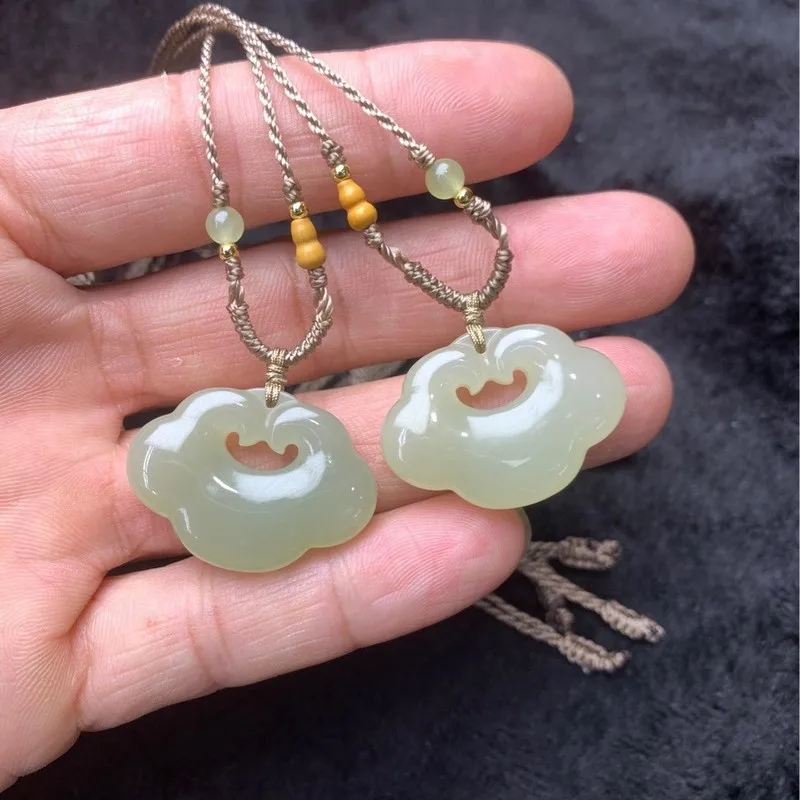 -Large Hetian Jade Men And Women, Auspicious Cloud Ruyi Lock Pendant,-Style Necklace