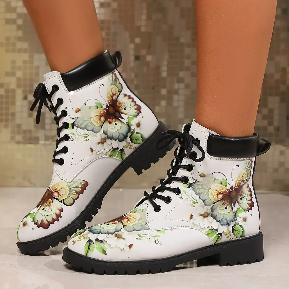 Ladies Shoes on Sale 2024 New Lace Up Women's Boots Autumn Round Toe Mixed Colors Short Barrel Low-heeled Large Size Naked Boots