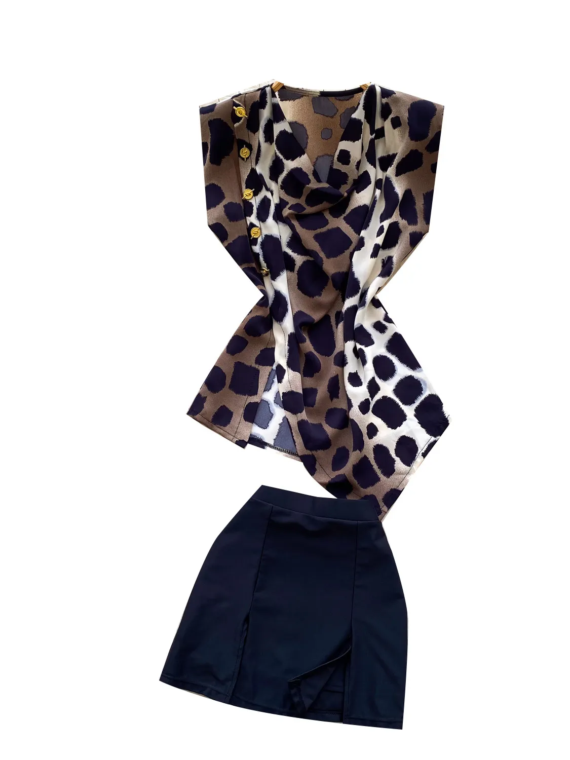 Women's Brown Leopard Print V-Neck Sleeveless Top Black Skirt Vintage Elegant Skirt Outfit Two Piece Set for Women Summer 2026 view 5