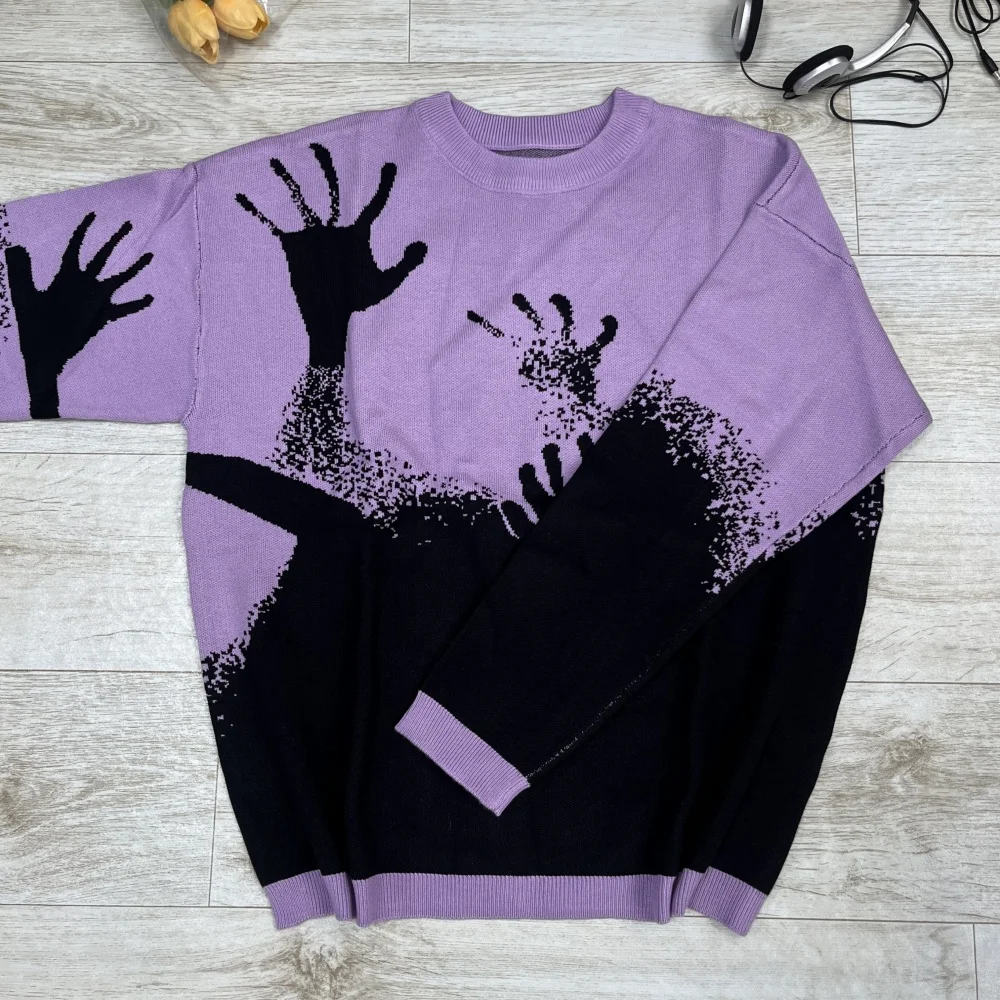 

Streetwear Pullover Autumn Winter Harajuku Sweater 2025 Fashionable Purple Men And Women Unisex Oversized Knitted Long Sleeved