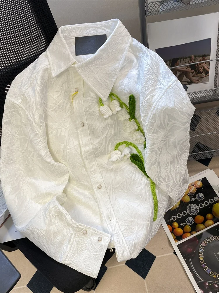 

Textured Floral Long Sve irt Jaet Loose Ele Gentle Hong Kong Sle Spring Autumn Casual Stand Fit Polyester Blend