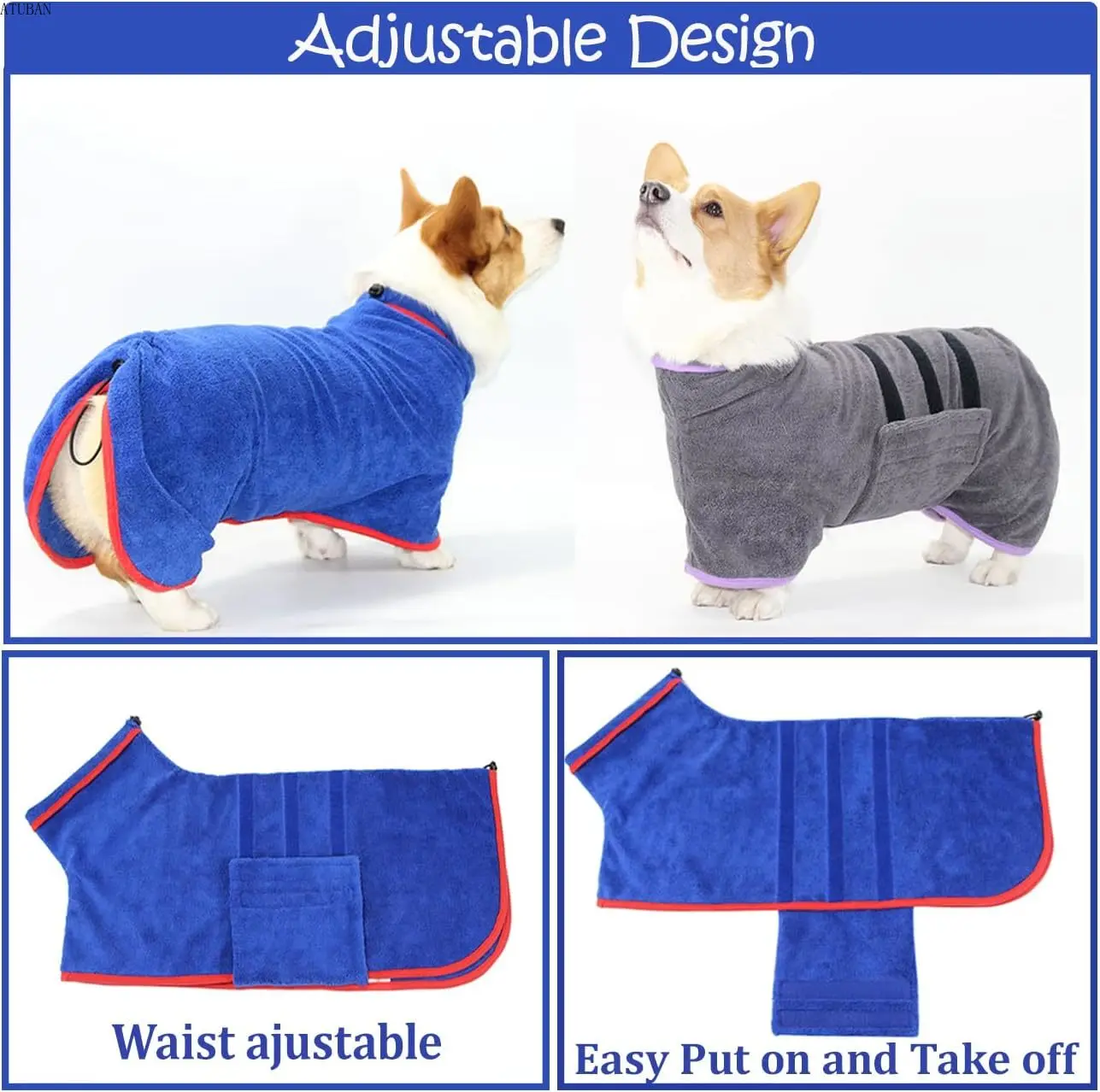 ATUBAN Dog Drying Coat-Fast Drying Dog Towel Robe-Adjustable Collar&Belly Strap Fast Drying Coat Pet Dog Cat Bath Robe Towel