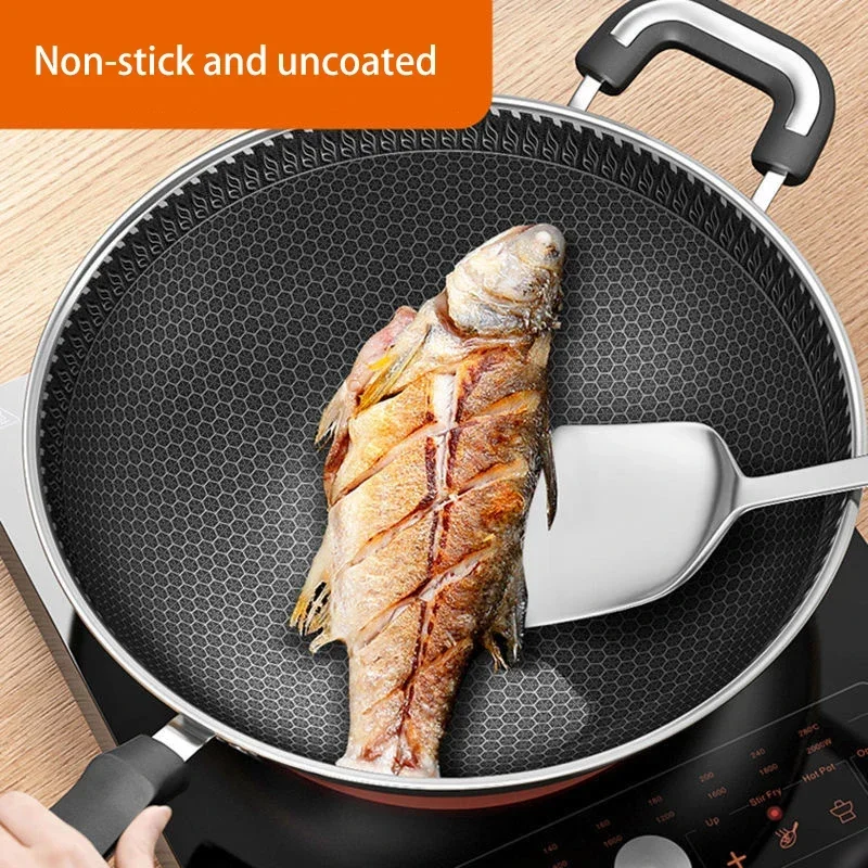 New Non-stick Frying Pans Double-Sided Screen Honeycomb Stainless Steel Wok Without Oil Smoke Frying Pan Wok PFOA-Free