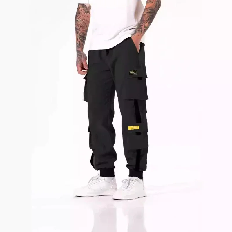 Prowow Loose Fit Multi Pocket Joggers For Spring Summer, Men's Street Style Waist Drawstring Casual Pants For Fitness Outdo