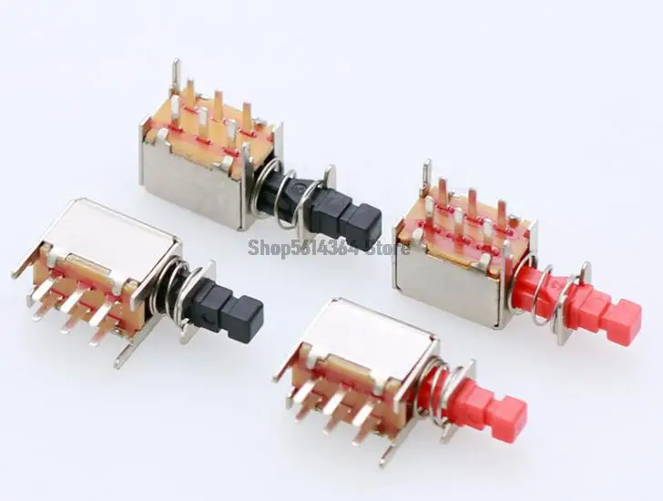 5pcs PS-22F03 Lock/Unlock Red Black 6 Pins Piano Type Push Button Switch 7.6x25.1mm