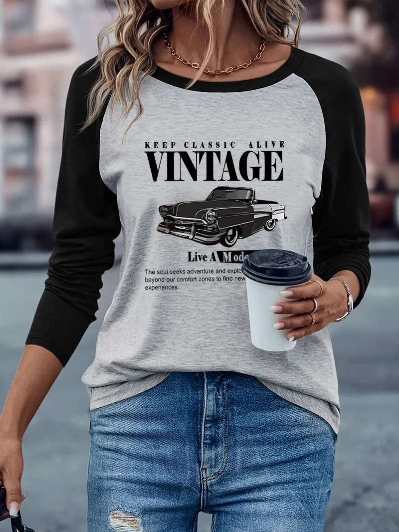 Modisches Vintage-Auto-Print Langarm-T-Shirt Streetwear Grafik Y2k Locker Lässig Bequemes T-Shirt Damen Winter Herbst – Detail 2