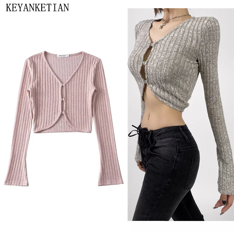 

KEYANKETIAN New Launch Women's Fly Button-up Sexy Hollow out Thin Knitted Top Hot sweet Flare sleeve Slim Soft Crop Bodysuits