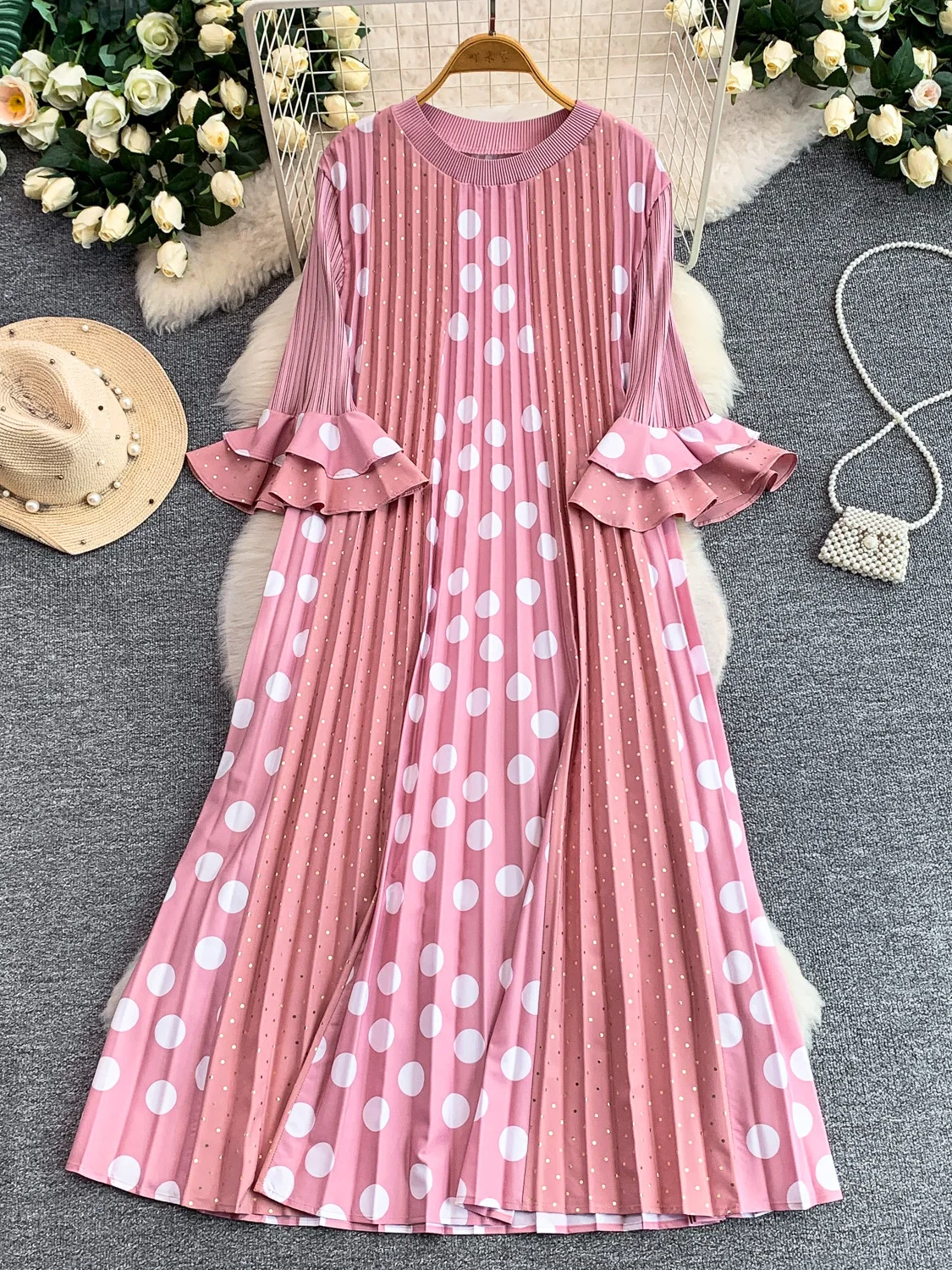 

Elegant Polka Dot Long Dress Women Summer Loose Conceal Slimming Pleated Clothing Bordered A-Line Skirt Style