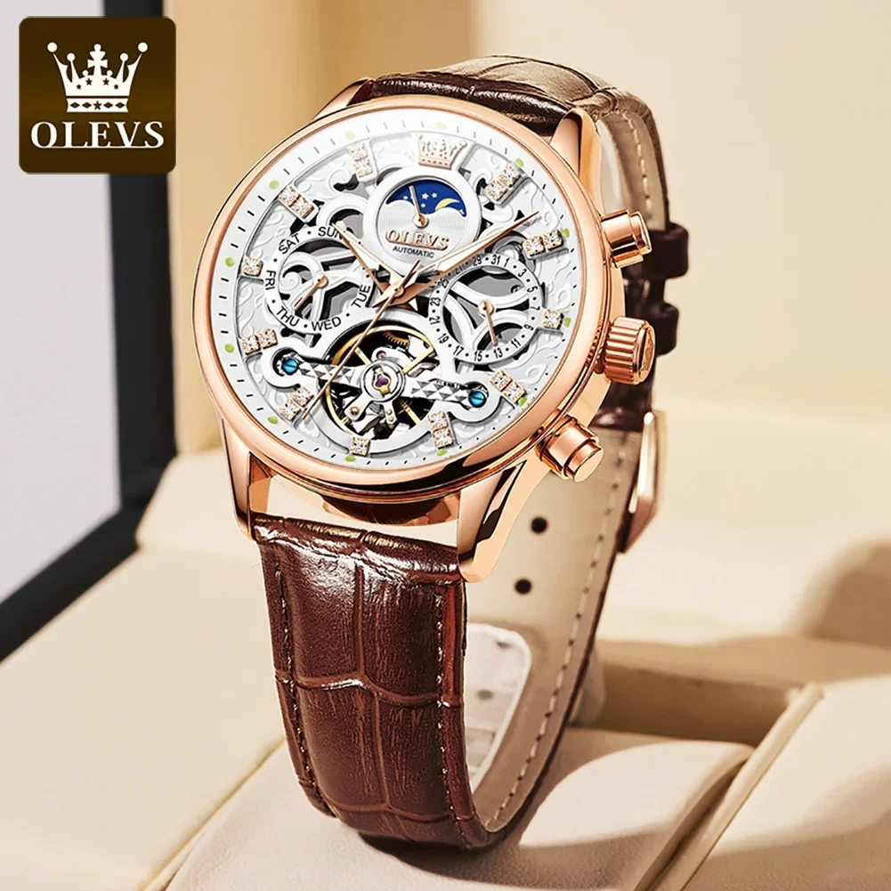 OLEVS New Automatic Mechanical Skeleton Watch for Men Moon Phase Dial Leather Strap Waterproof Luminous Wristwatch Reloj Hombre