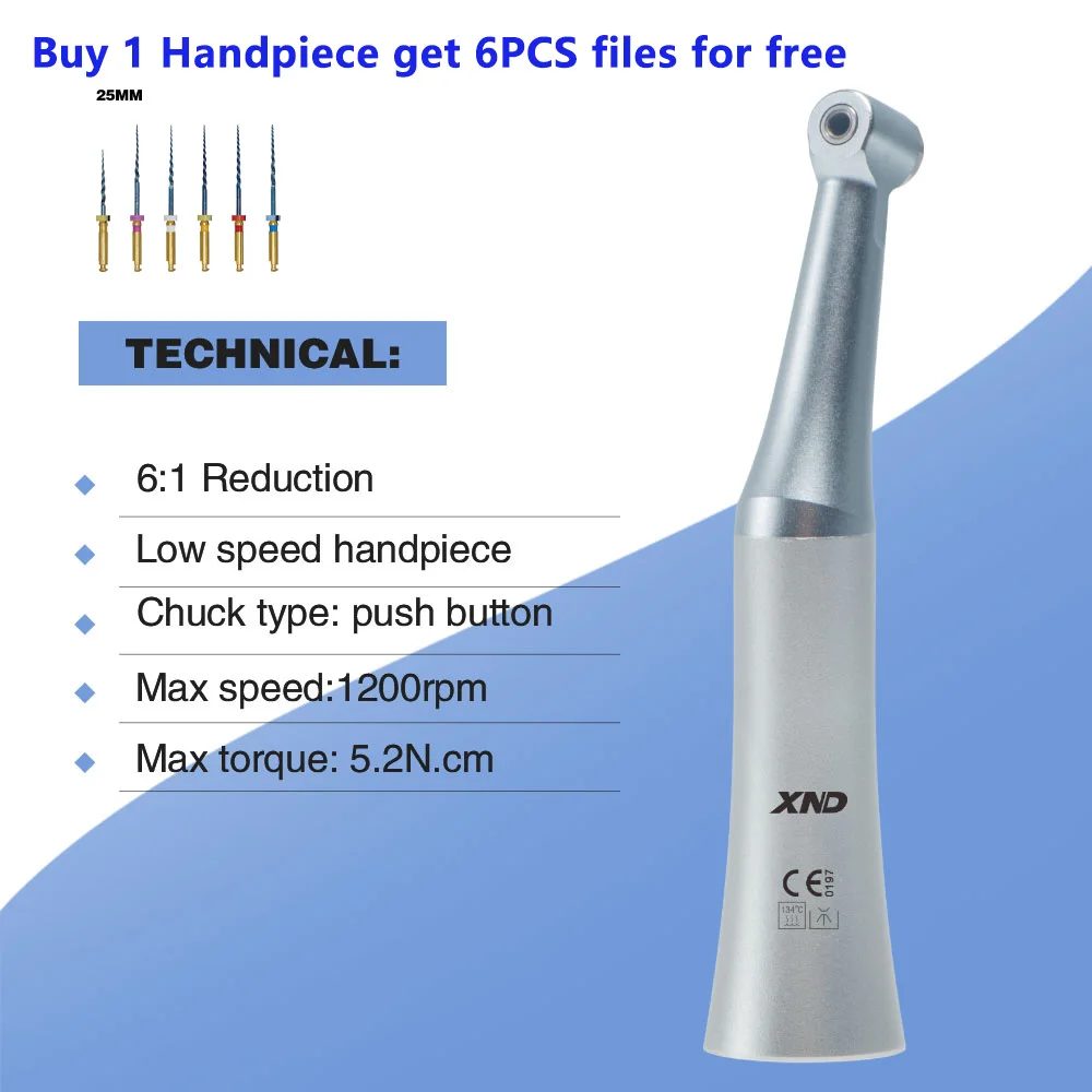 

XND Dental 6:1 Reduction Contra Angle Handpiece Mini Head E-type Low Speed Endo Handpiece for Endodontic Root Canal Preparation