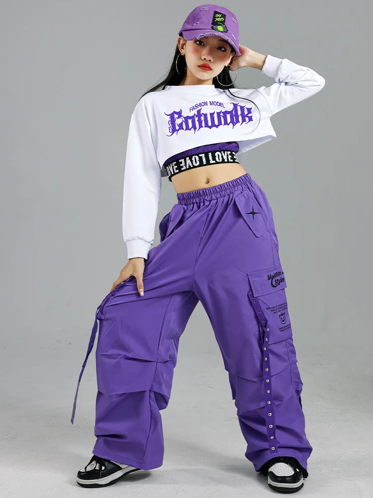 힙합 소녀 K-pop 자르기 탑 보라색 카고 바지 어린이 거리 댄스 복장 어린이 streetwear 그룹 재즈 의류 세트