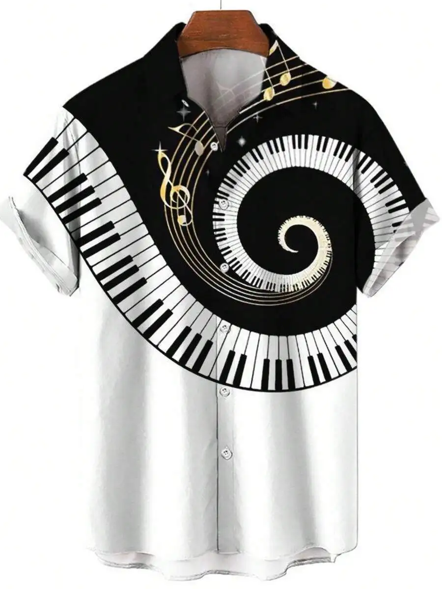 

3D Print Piano Keyboard Spiral Design Casual Short Sleeve Shirt For Men