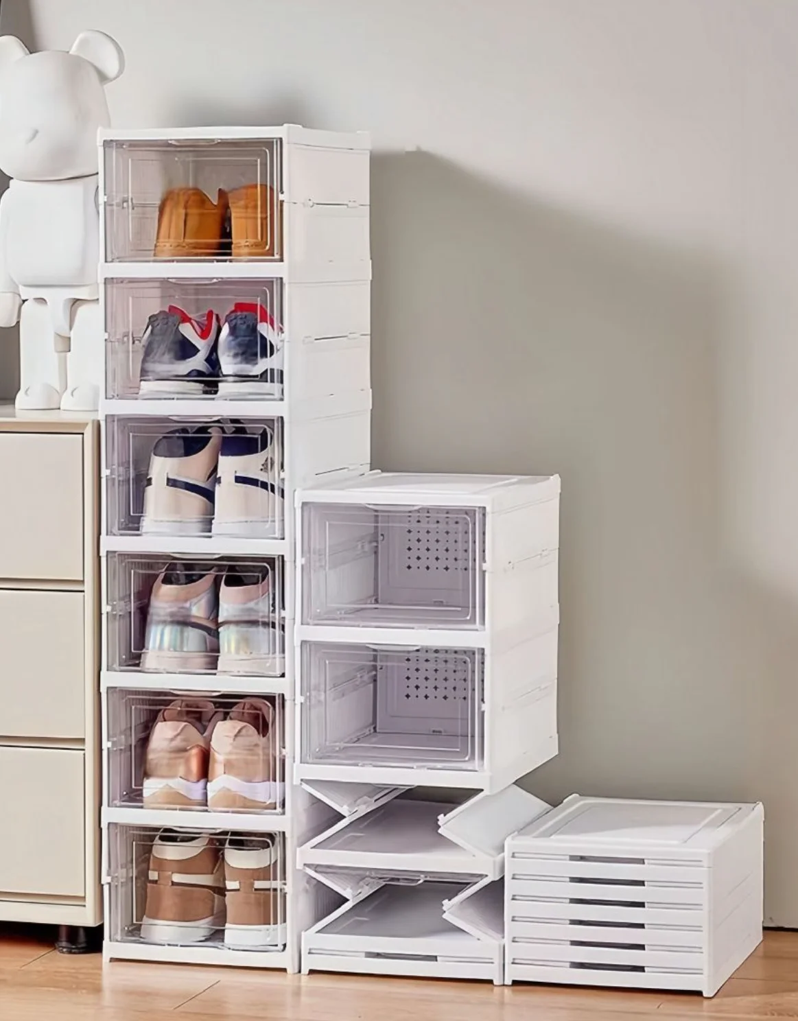 6 Layers Foldable Shoes Storage Box Plastic Transparent Sneaker Shoes Box Stackable Dustproof Cabinet Shoe Organizers Rack Shelf