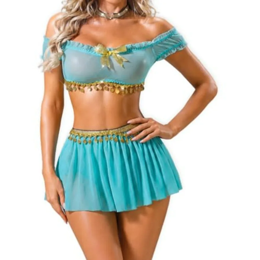 

Teal Lingerie Set for Women Off Shoulder Top with Coin Detail Skirt and Choker, Exotic Belly Dance Inspired