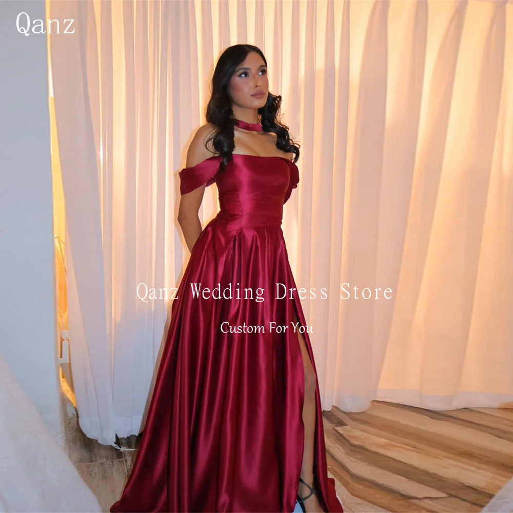 

Qanz Burgundy Evening Dresses High Slit Satin Off The Shoulder Formal Dresses Woman Long A Line Wedding Party Gown Customized