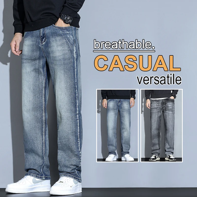 

Мужские потертые свободные прямые широкие джинсы с потертостями, осень-зима 2025 г., элитные универсальные повседневные брюки, большие размеры 38