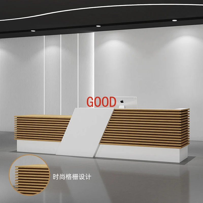 Escritorio de recepción de empresa moderno y sencillo, página de caja de belleza, luz de hotel, mostrador de lujo, mesa de bar de institución de vestíbulo