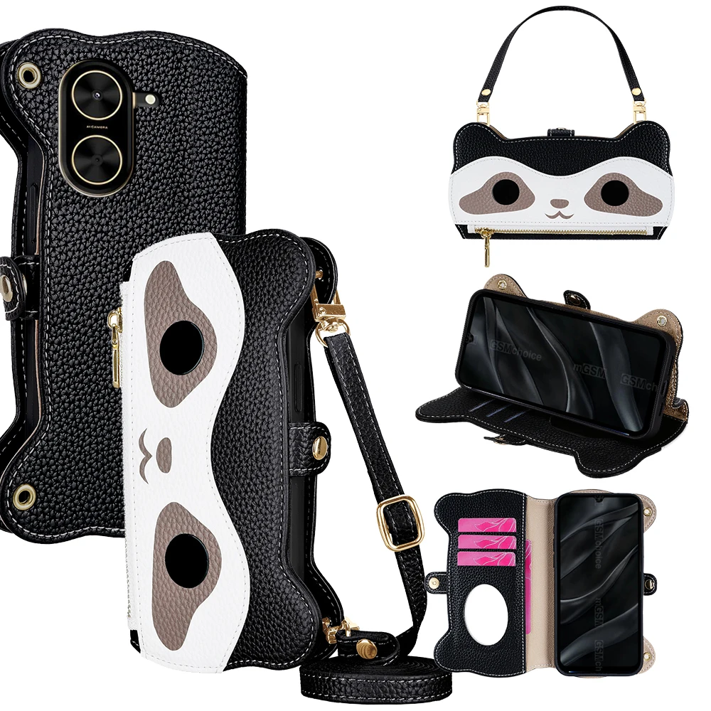 

for Xiaomi Poco C71 C75 C61 C65 Case Poco F6 M6 X6 Pro Neo 5G Lanyards Wallet Raccoon Leather Cover Mirror Card Holders