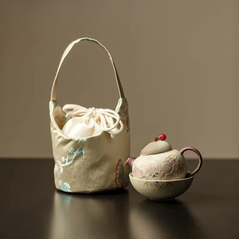 Hand-painted Nine-tailed Fox Travel Tea Set Kit Elegant 1 Pot 1 Cups Tea Maker Organizer Portable Camping Stock Bags Ornaments