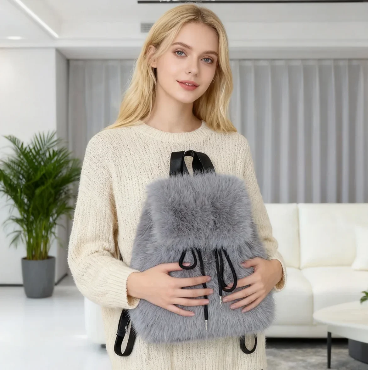 Y2k Plush Backpack Women Small Cute Drawstring Leopard Fluffy Bag Solid Soft Fleece Knapsack Winter Warm Faux Fur Mini Backpack