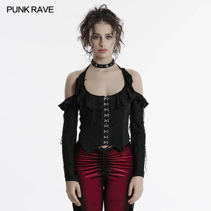 

Женская повседневная готическая футболка в стиле панк-рейв с рюшами и лямкой на шее, персонализированные топы с острым подолом и манжетами на ушах