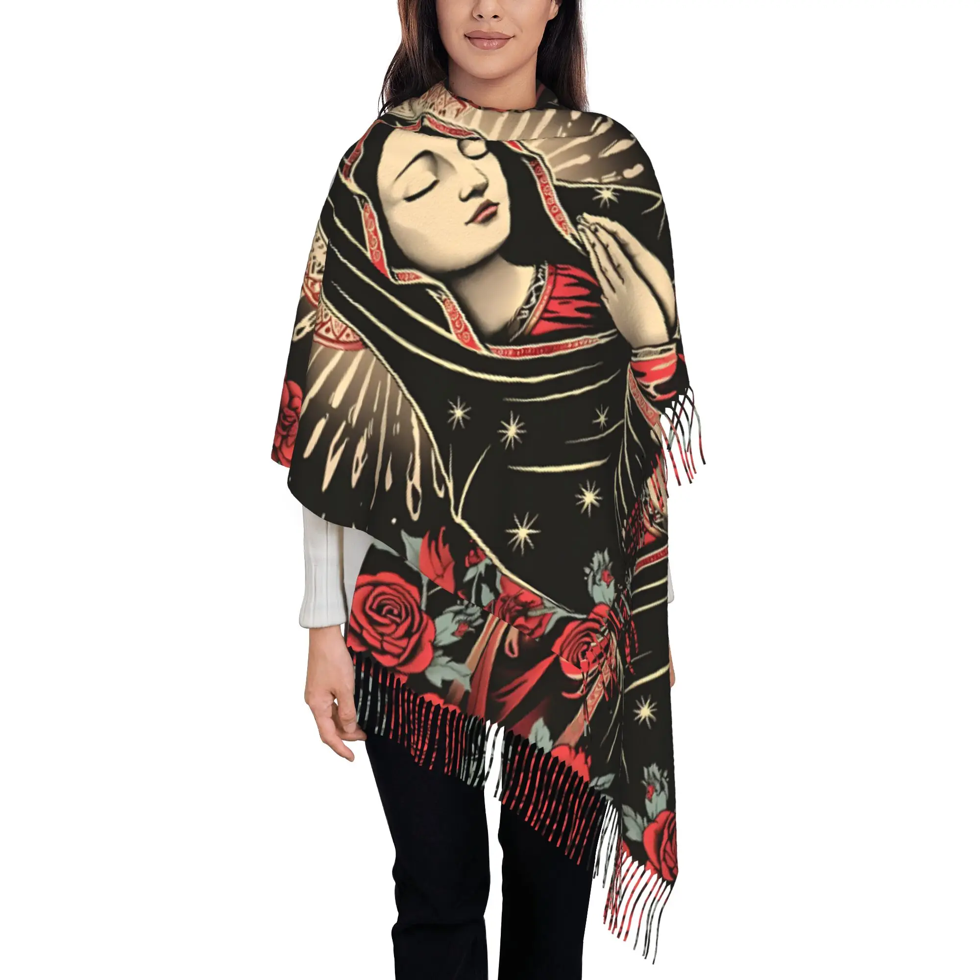 1 PC Rose Virgin Mary Graphic Shawls and Wrap  Winter Lightweight With Tassel Birthday Gift Tassel Scarf