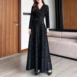 Autumn And Winter Long Sleeve New High-End Temperament Black Dress Women's Long Slimming Middle-Aged Mother Autumn Stripes Dress