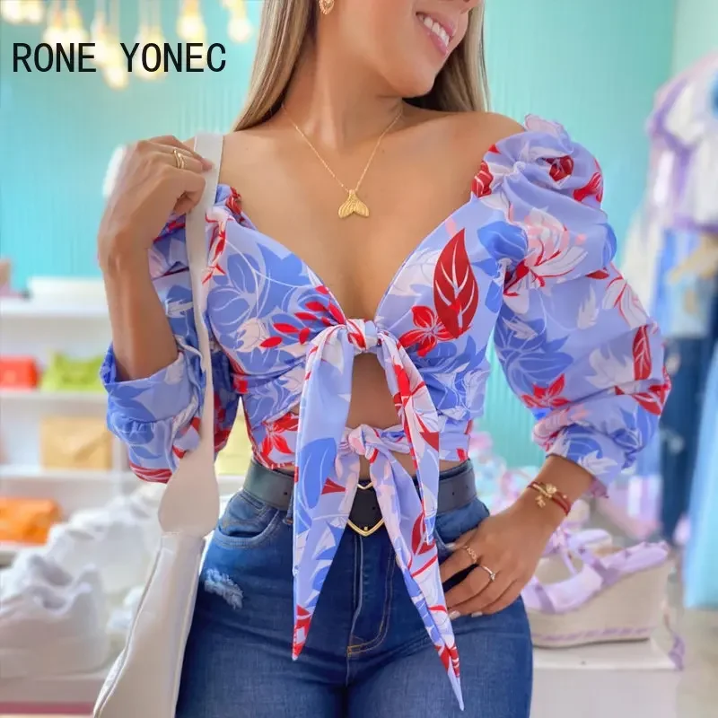 Women Sexy Allover Print Hollow Out Lace Up Off Shoulder Lantern Sleeves Blouse Crop Top