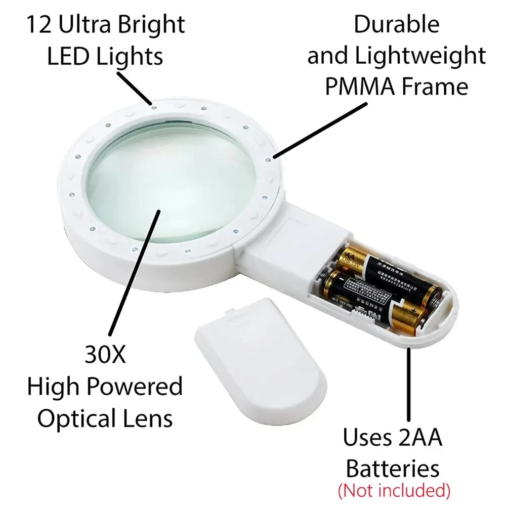 30X ręczne szkło powiększające do czytania z 12 lampkami LED podświetlana lupa dla seniorów monety inspekcyjne zegarek biżuteryjny naprawy