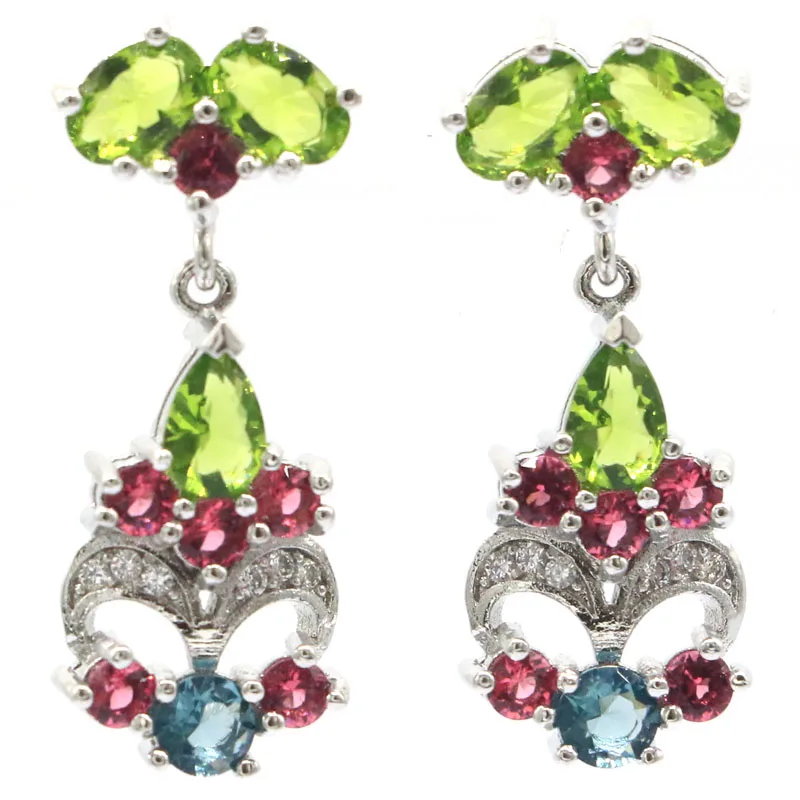 

28x13mm Multi Color 5.4g Rhodolite Garnet Green Peridot London Blue Topaz Women Wedding Silver Earrings