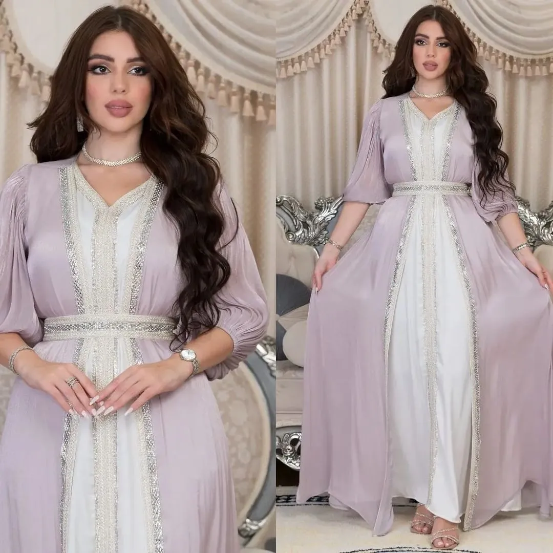 Lavender Sequin Dress V Neck Puffed Sleeves Satin Dresses Belted Waist Floor Length Gown Gold Trim Embroidered Trim Evening view 4