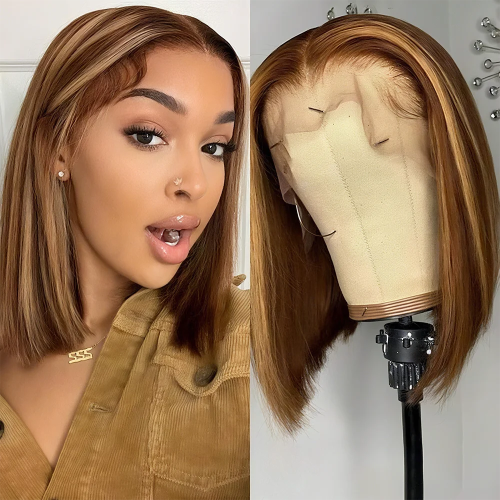 

4/27 Short Straight Bob Lace Front Human Hair Wigs Highlight Ombre 13x4 Bob Wig Human Hair Glueless Wigs Pre Plucked For Women