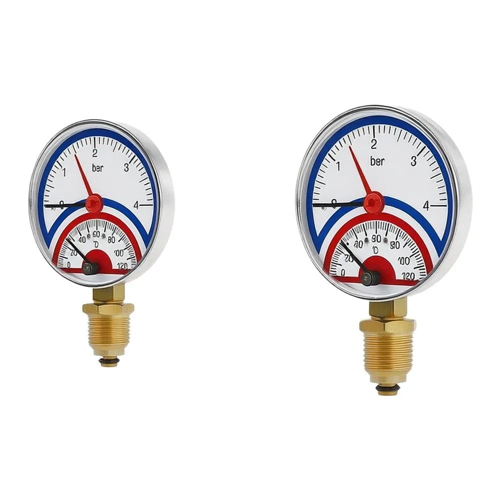 Dual Pointer Thermometer Barometer 0-120C 0-4 Bar Metal Brass Gauge For Underfloor Heating Heat Solar Water System Monitor