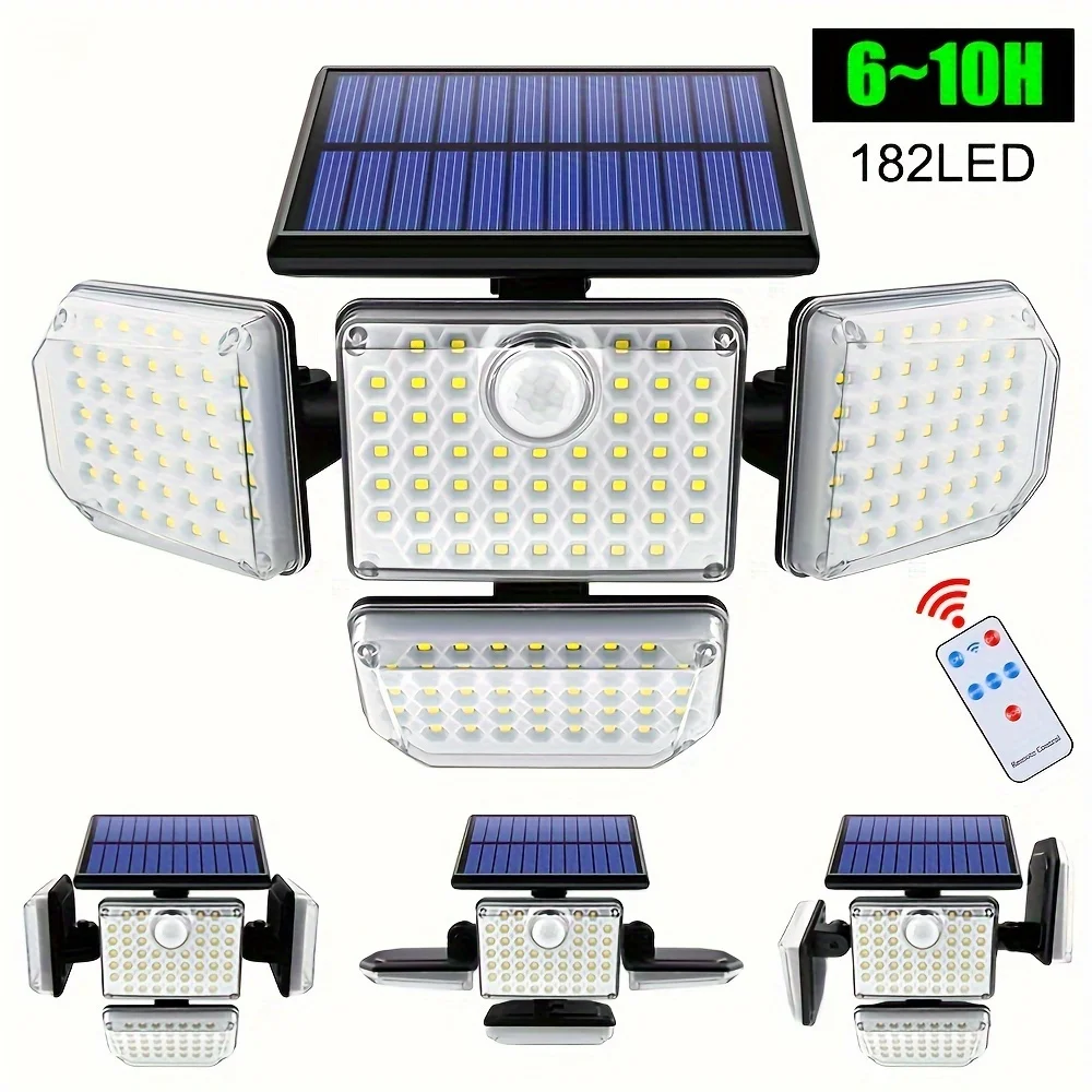 Solar Lights Outdoor 182/112 LED Wall Lamp with Adjustable Heads Security LED Flood Light IP65 Waterproof with 3 Working Modes