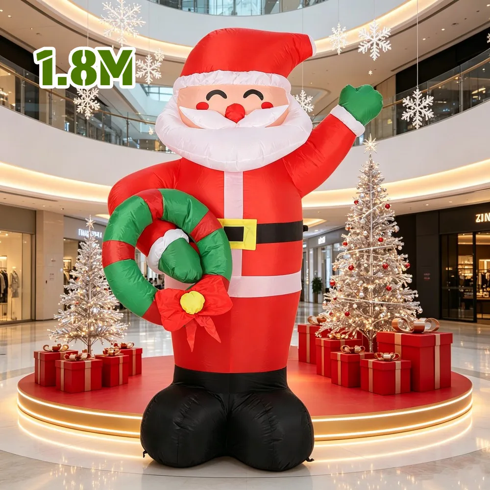 Christmas Inflatable 1.8M Waving Santa Claus Hand-held Flower Wreath Built LED Light Indoor Outdoor Square Corridor Decoration