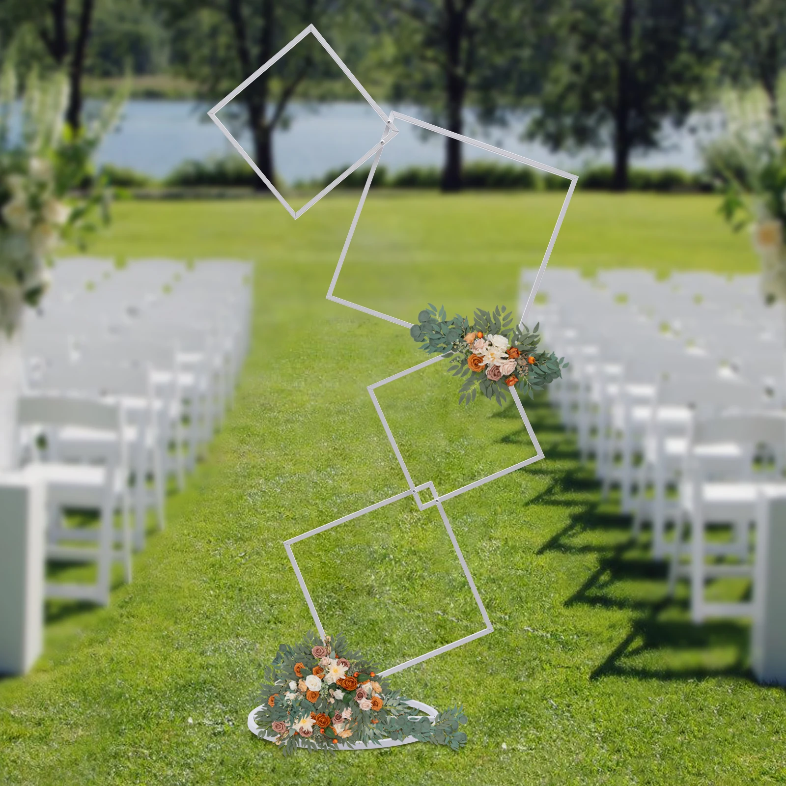 حامل زهور على شكل قوس زفاف معدني أبيض مكون من 4 طبقات، إطار بالون مربع بارتفاع 6.27 قدم مع قاعدة حديدية لتزيين خلفية الصورة #2