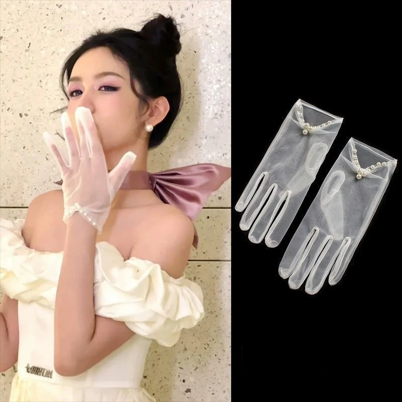 Short Wedding Gloves with Pearls Simple Stylish Design for Travel Photography Studio Full Finger Bridal Gloves