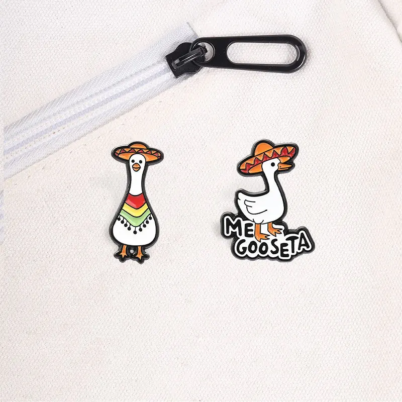 Enamel Pin Fun Goose Brooch Funny Straw Hat White Goose Metal Paint Badge Student Backpack Decoration Pin Brooch on Clothes Pins