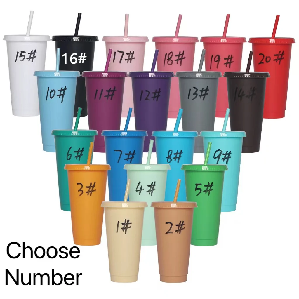 700ml 710ml 24oz blank plain assorted solid color reusable plastic cup cold cup coloured cup colored cup with straw and lid