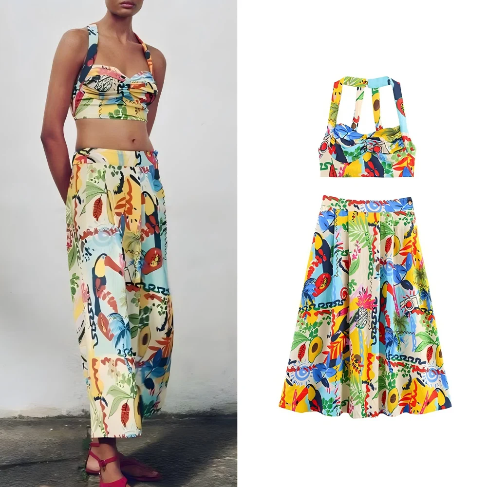 

Women's new fashion printed short hanging neck poplin top retro sleeveless women's vest chic top+Skirts suit