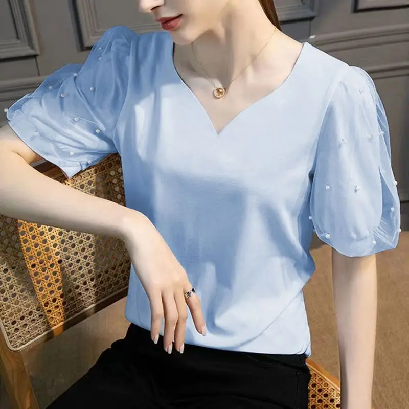 Chic Pearl Beading Peach Heart V-Neck Shirt Office Lady Stylish Summer Sweet Puff Sleeve Basic Solid Color Gauze Spliced Blouse