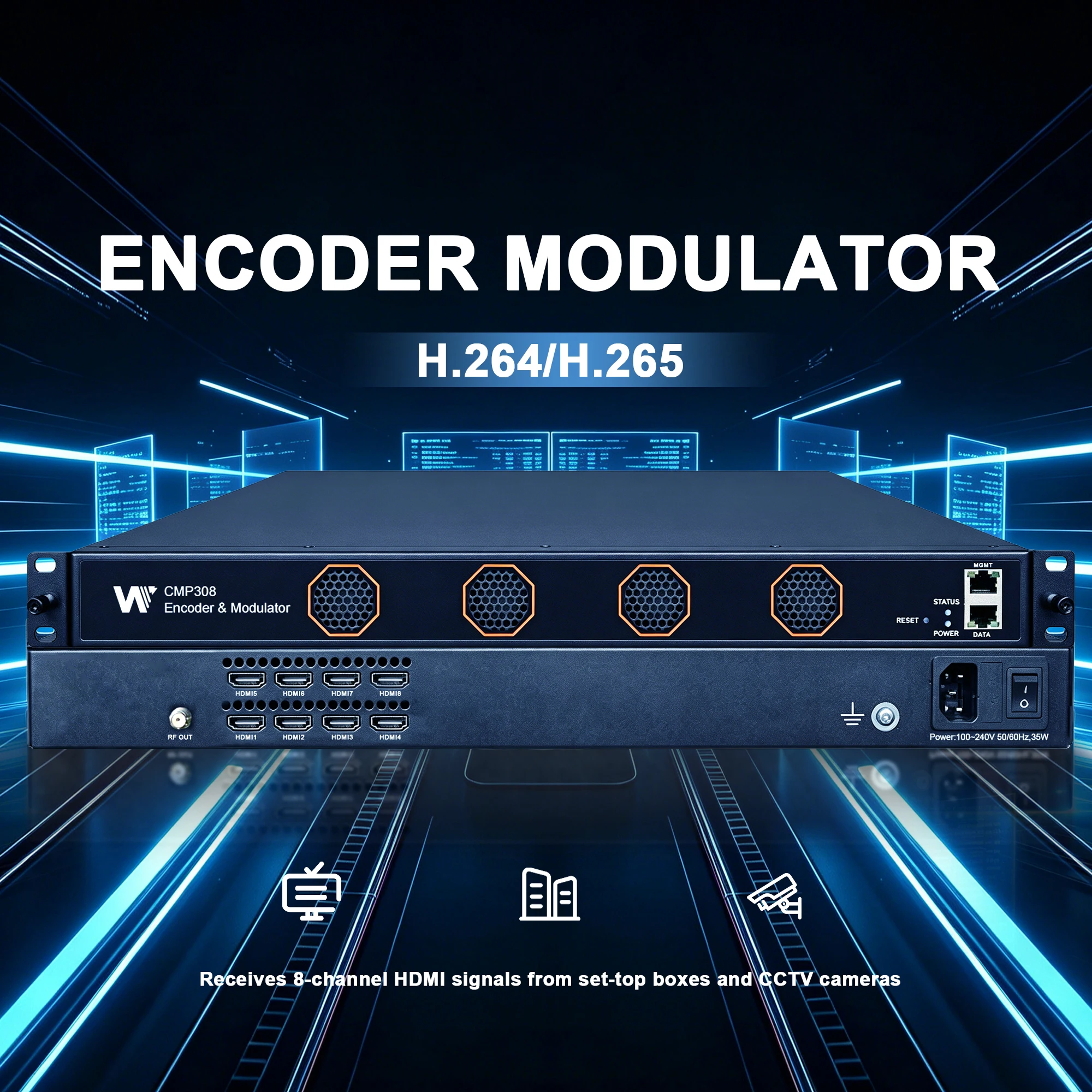 8-Channel HD H.264/H.265 Encoder Modulator,HD to RF DVB-T, ISDB-T, ATSC, DVB-C, DTMB, DTV, TDT,CATV head-end system