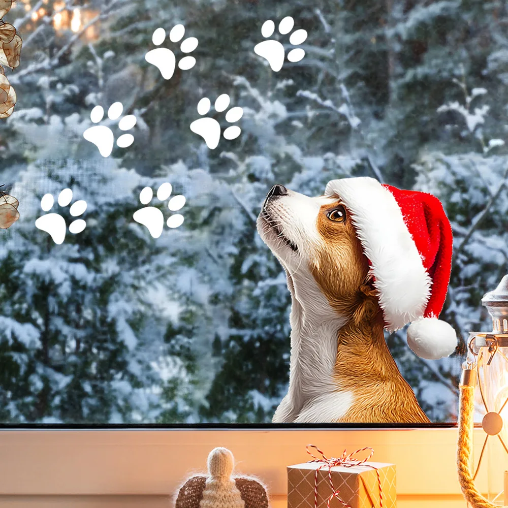 Christmas Hat Dog Footprint Glass Window Home Decoration Beautification Electrostatic Wall Stickers for Kids Rooms