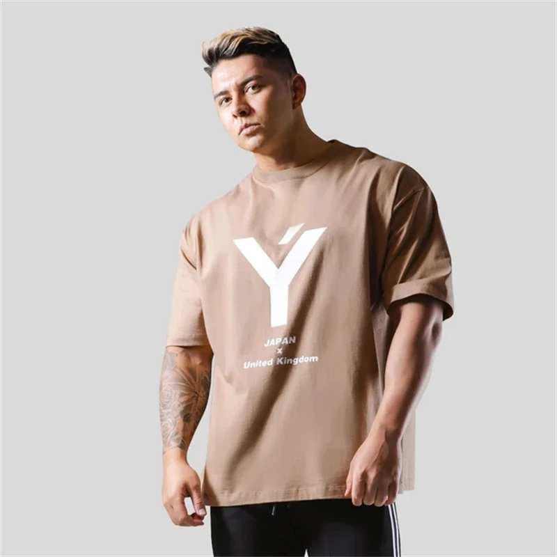 2023 Summer Oversize GYM Style Fitness Sports Men\'s Short Sleeve T-shirt Fashion Casual Cotton Loose Tees Tops