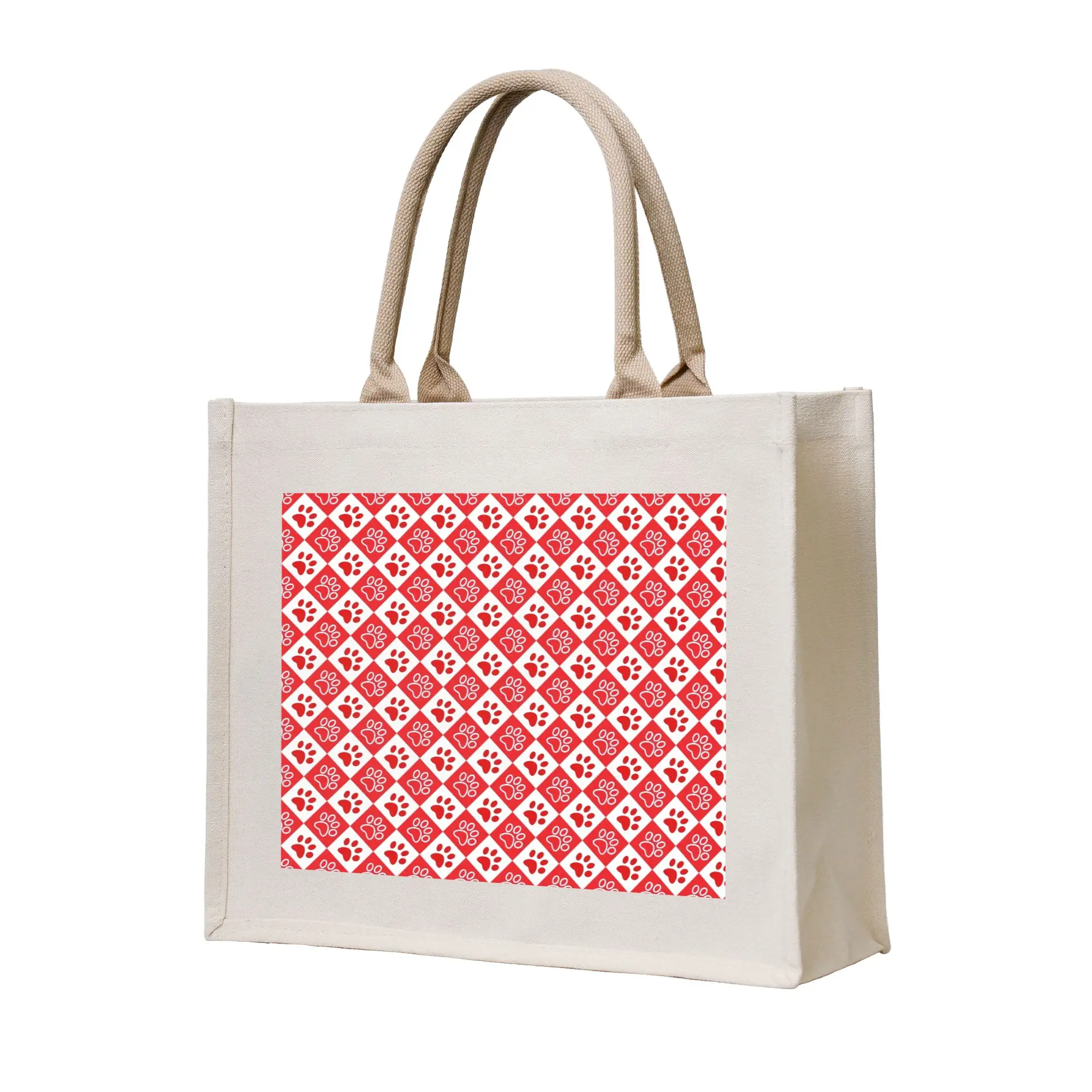 Reusable Gingham Dog Paw prints pattern Shopping Bag Women Tote Bag Portable Checkered Plaid  Grocery Shopper Bags