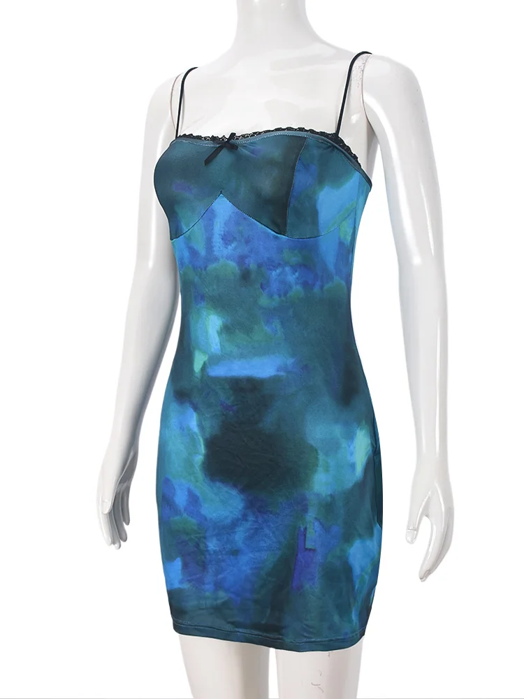 Robe à imprimé Weird Puss aught-Dye pour femme, patchwork de dentelle, col slash, fermeture éclair, dos nu, tendance coquette, boîte de nuit, fête, mini batterie con