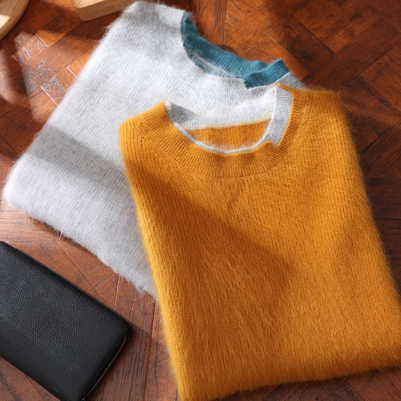 Men's 100% Mink Cashmere round Neck Pullover Sweater Long Sleeve Thickened Autumn Winter Business Casual Color Blocking Knit Top