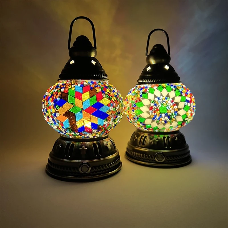 Rechargeable Turkish Mosaic Table Lamp Handcrafted Portable Camping Light Vintage Stained Glass Desk Lamp Bedroom Night Light