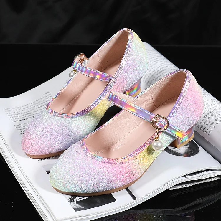 Spring Autumn Rainbow Kids Dance Party Girls High Heel Student Performance Leather Shoes Children Princess Casual Footwear 26-38
